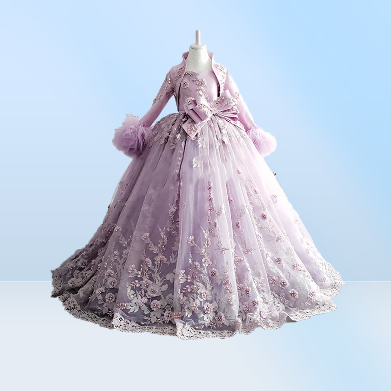 Lavender Beaded Ball Gown Girls Pageant Dresses Spaghetti Straps Princess Flower Girl Dress Appliqued First Communion Dress