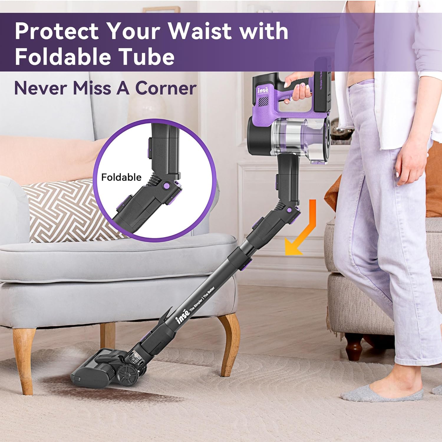 INSE Cordless Vacuum Cleaner, 9-in-1 Stick Vacuum with 26Kpa 350W Suction, Max 50 Min Runtime Vacuum for Home, Bendable Household Vacuum for Hard Floo