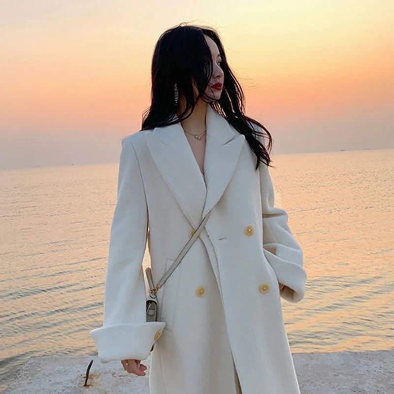 Women's Wool Blends Elegant Long Wool Coat Women Belt Bandage Outwear Korean Oversized Cardigan Woolen Overcoat Winter Lace Up All Match Jackets 