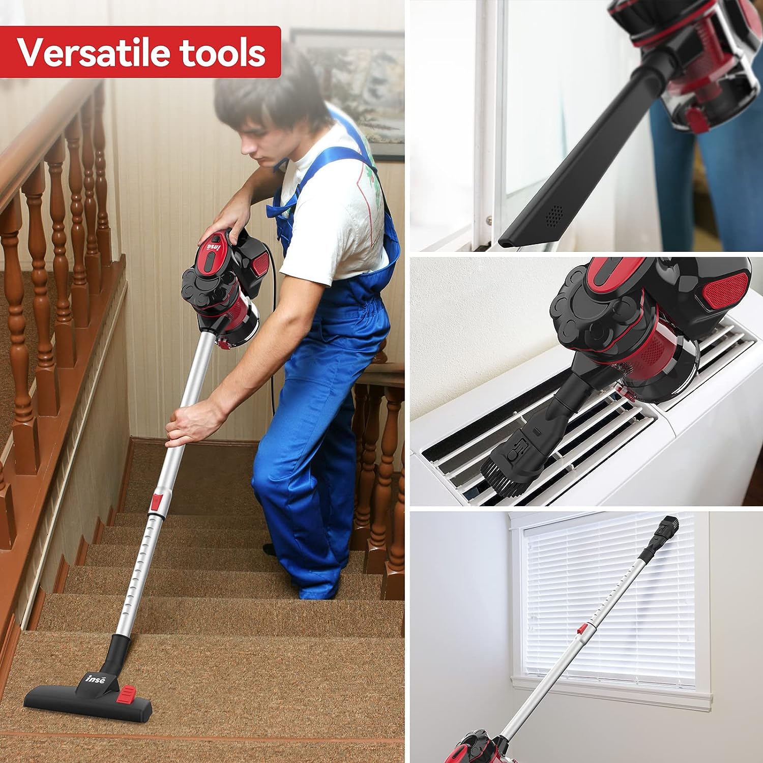 INSE Corded Vacuum Cleaner, 600W Corded 18000Pa Powerful Corded Stick Vacuum, 6-in-1 Versatile Handheld Vacuum Cleaner for Home Pet Hair --- I5 Red