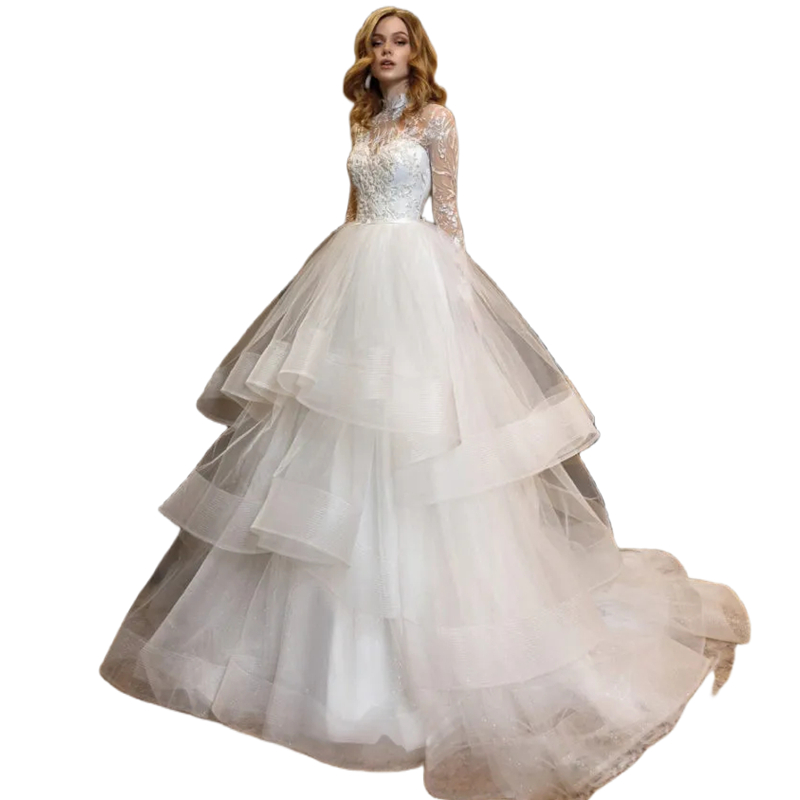 Modern Tiered Tulle A Line Wedding Dresses Long Sleeves High Neck Lace Appliques Long Ivory Bridal Gowns