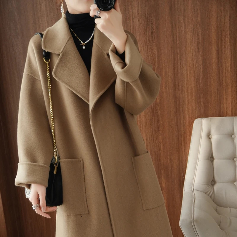 Women's Wool Blends Autumn and Winter pure wool reversible woolen coat Women's Mid-length woolen coat loose overknee cashmere woolen coat th