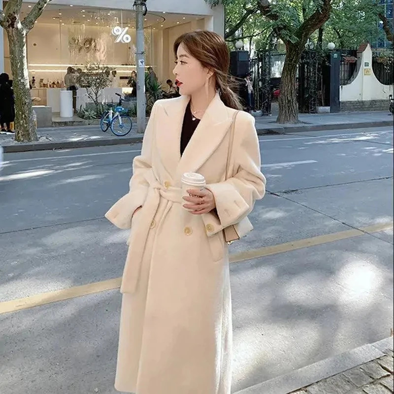 Women's Wool Blends Elegant Long Wool Coat Women Belt Bandage Outwear Korean Oversized Cardigan Woolen Overcoat Winter Lace Up All Match Jackets 