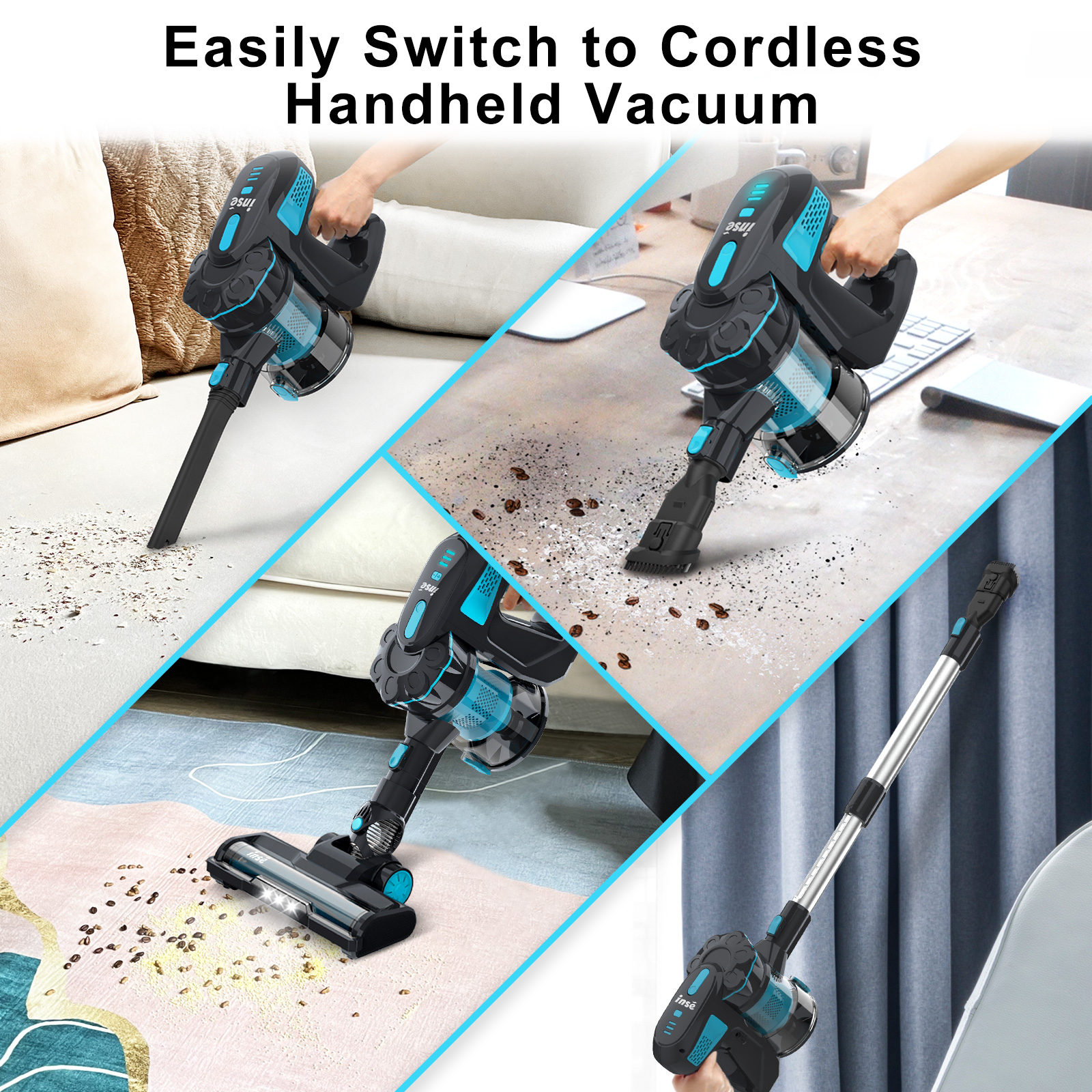 INSE Cordless Vacuum Cleaner, 6-in-1 Rechargeable Stick Vacuum, 45mins Runtime, Lightweight 2200mAh Battery Ultra-Quiet Multifunctional Vacuum Cleaner