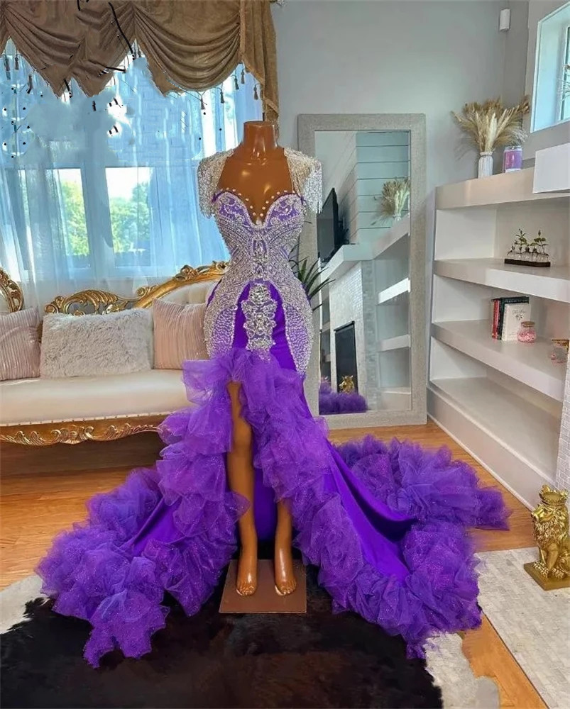 Long Prom Dress Purple for Black Girls Beaded Rhinestone Birthday Party Dresses Crystal Ruffles High Slit Evening Gown es
