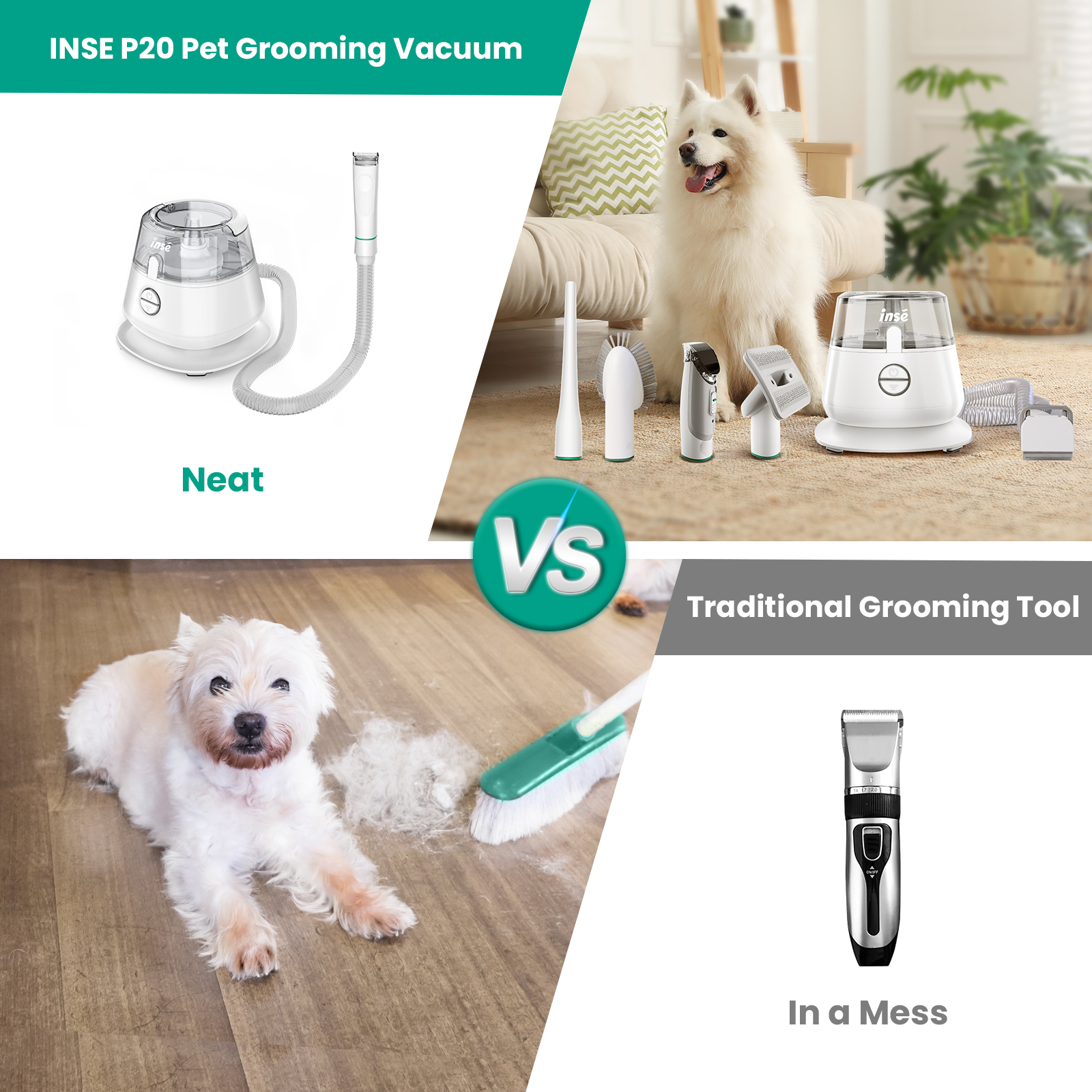 INSE Pet Grooming Kit & Dog Hair Vacuum, Dog Clippers Kit Suction 99% Pet Hair, Large Dust Cup Vacuum with Clipper, 5 Pet Grooming Tools for Shedding 