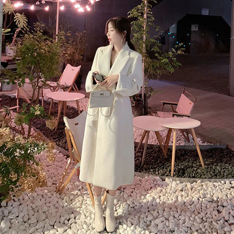 Women's Wool Blends Elegant Long Wool Coat Women Belt Bandage Outwear Korean Oversized Cardigan Woolen Overcoat Winter Lace Up All Match Jackets 