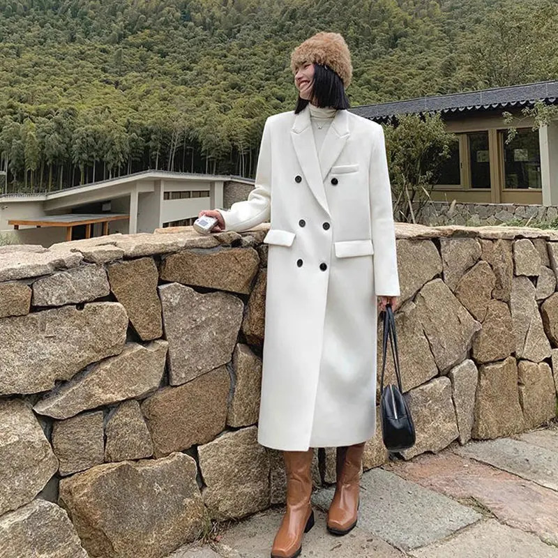 Women's Wool Blends Korea White Windbreaker Woolen Coat Woman Winter Autumn Turn Down Collar Double Breasted Thick Warm Long Ladies Coat Outwear 
