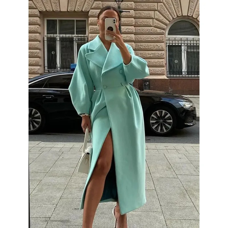 Women's Wool Blends Women Lapel Lantern Sleeve Long Jackets Solid Double Breasted Waist Fold Woolen Coat Winter Thick Warm Female Elegant Outwear