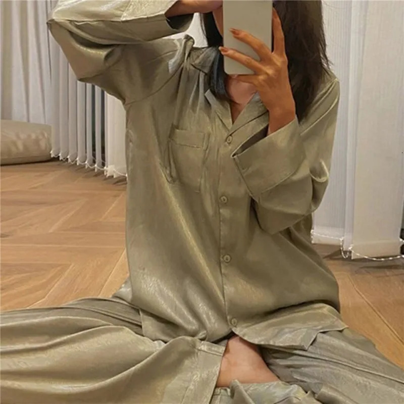Womens Sleepwear Silk Satin Pajamas Pyjamas Set Pijama Suit Female Sleep Two Piece Ice Loungewear 231025