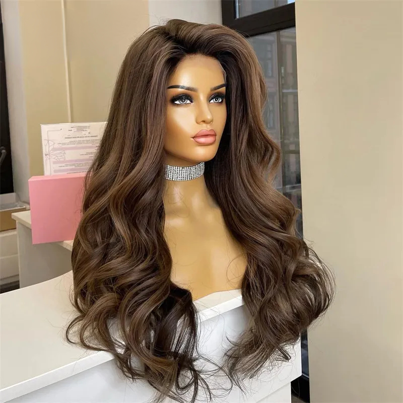 200 Density Highlight Brown Wig Human Hair Glueless 360 Lace Frontal Wigs for Women HD Transparent Body Wave Synthetic Wig