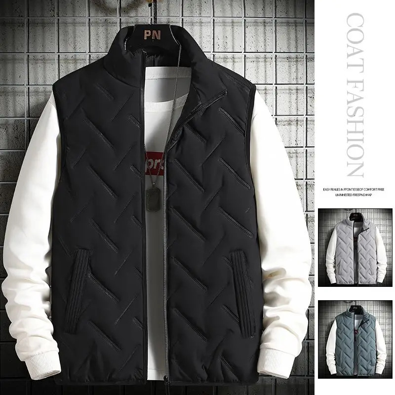 Men's Vests Winter Warm Men's Jacket Sleeveless Zipper Vest Solid Color Casual Vests Cotton-Padded Thickened Stand Collar Wear Outside 23102