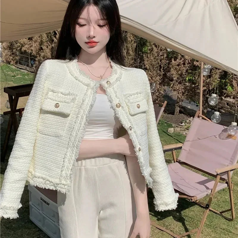 Women's Jackets Tassel White Single Breasted Tweed Woolen Coat Casual O-neck Elegant Jacket Outwear Autumn Korean Women Jacket In Outerwears 2310
