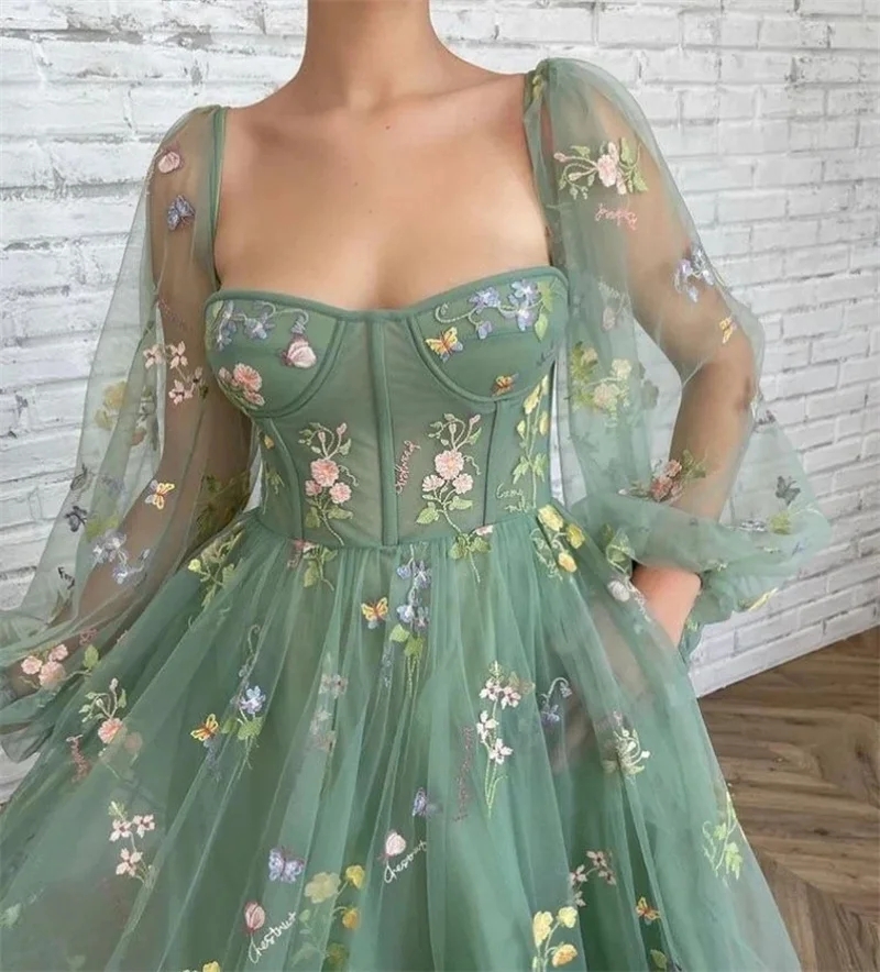 Women Puffy Sleeve Tulle Fairy ral Lady Chic Tea Length Summer Bridesmaid Dress wer Lace Formal Evening Prom Gowns