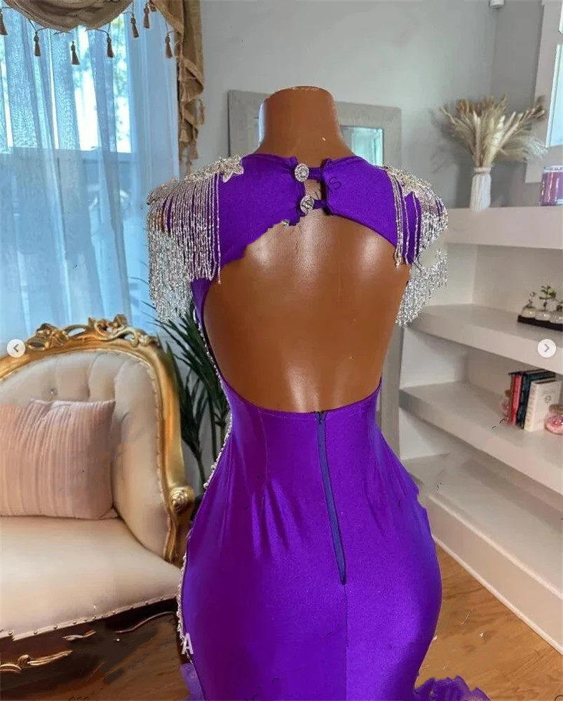 Long Prom Purple For Black Girls Beaded Rhintone Birthday Party Drs Crystal Ruffl High Slit Evening Gown