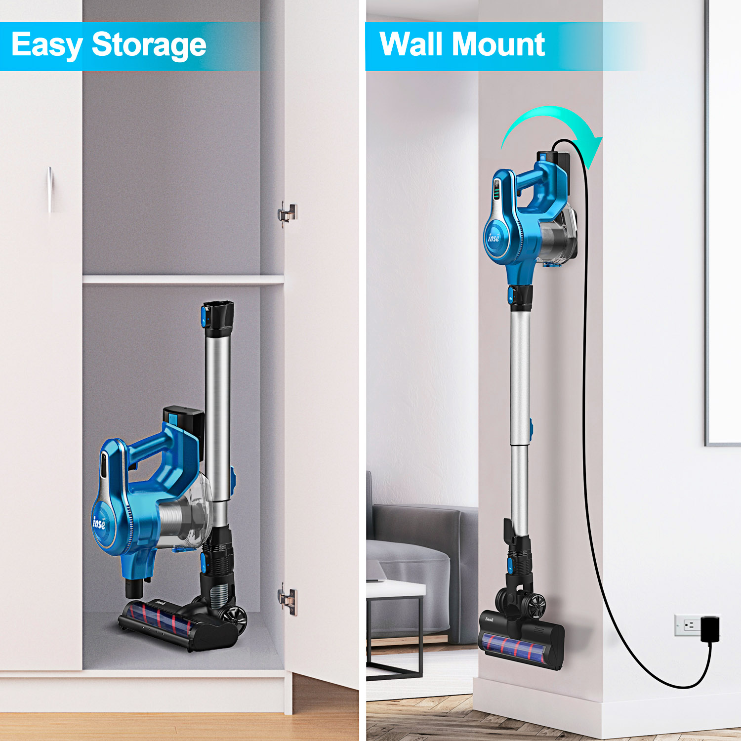 INSE Cordless Vacuum Cleaner, 10-in-1 28Kpa Powerful Cordless Stick Vacuum with Pet Hair Tool, Rechargeable Cordless Vacuum 45min Runtime Lightweight 