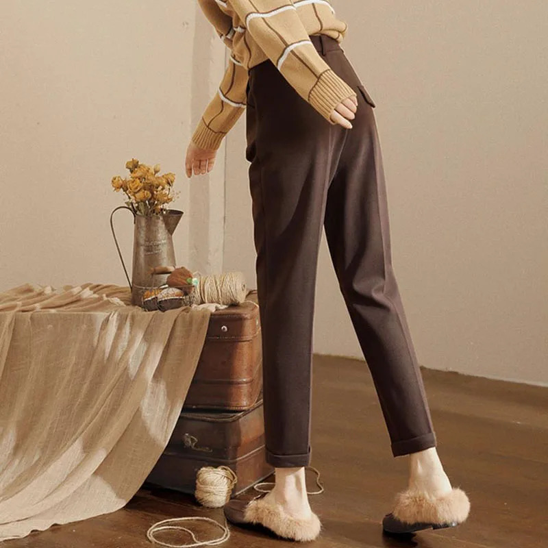 Women's Pants Capris Lucyever Vintage Women's Woolen Pants Autumn Winter Thickened Warm Pencil Trousers Female Elegant Slim Ankle Length Har