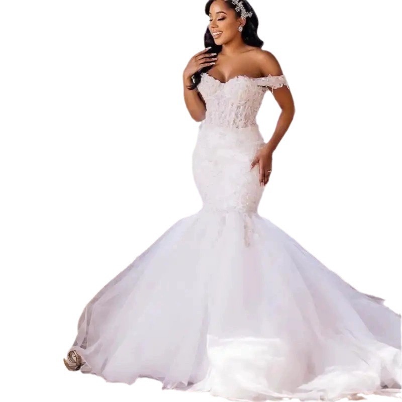 Portrait Plus Size Mermaid Dress New Organza Beading Backless Sequin Off Shoulder Gowns Sweep Train Wedding Dresses Custom Made Bridal Vestidos 403