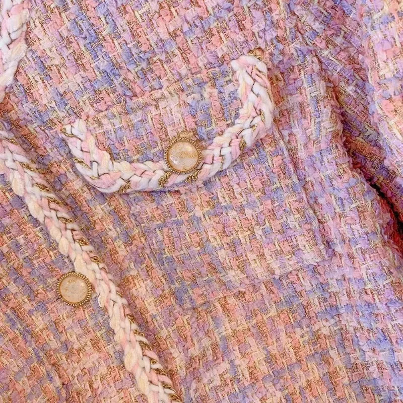 Women's Jackets Women Pink Plaid Tweed Coat Jacket Women's Outwear Tops Spring Autumn Elegant Long Sleeve Single Breasted Overcoat Female 23
