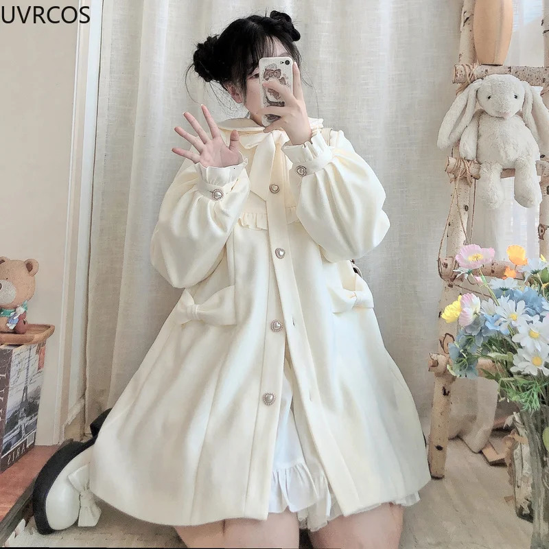 Women's Wool Blends Winter Women's Woolen Coat Japanese Lolita Style Sweet Kawai Bow A-Line Loose Jackets Female Elegant Fall Korean Fashion