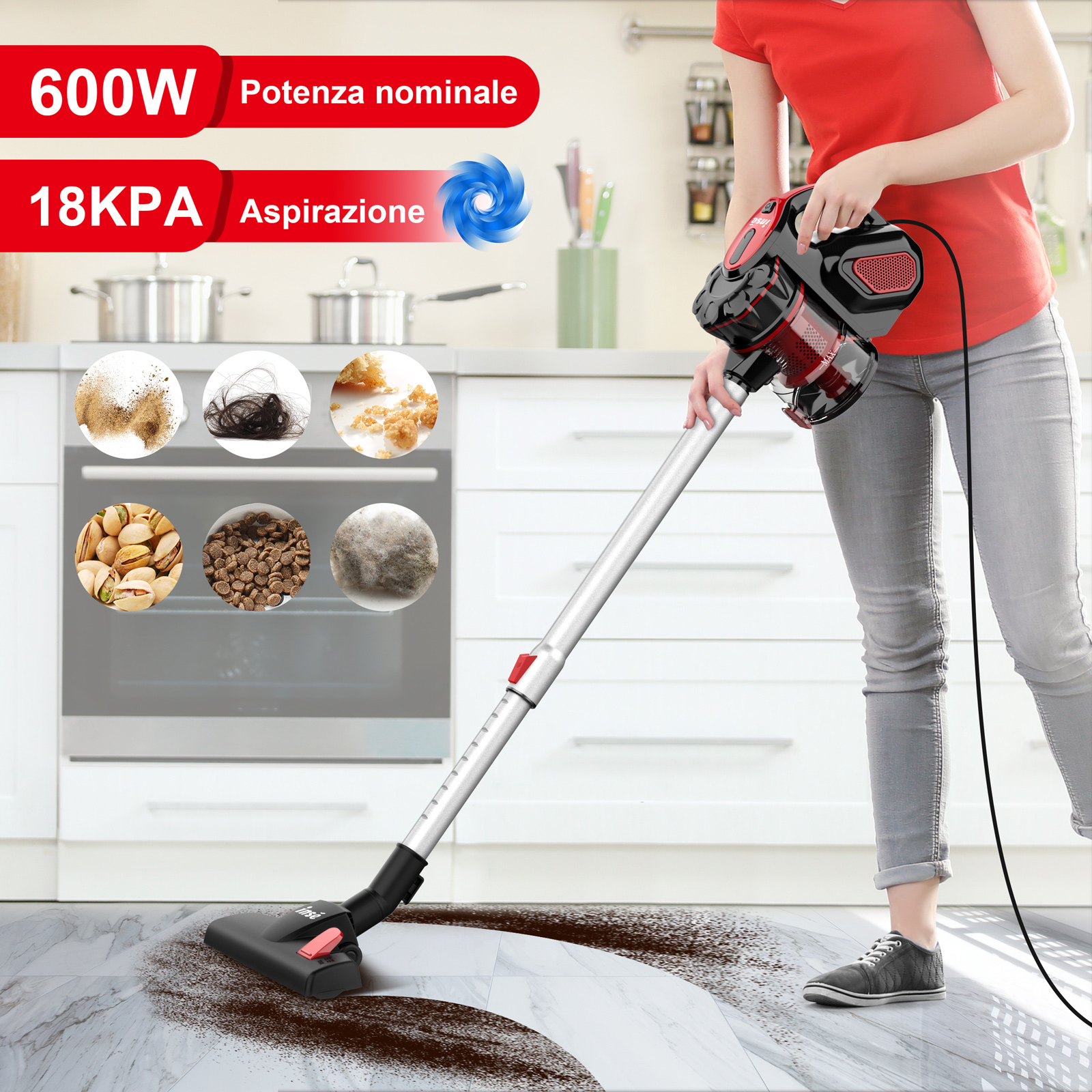 INSE Corded Vacuum Cleaner, 600W Corded 18000Pa Powerful Corded Stick Vacuum, 6-in-1 Versatile Handheld Vacuum Cleaner for Home Pet Hair --- I5 Red
