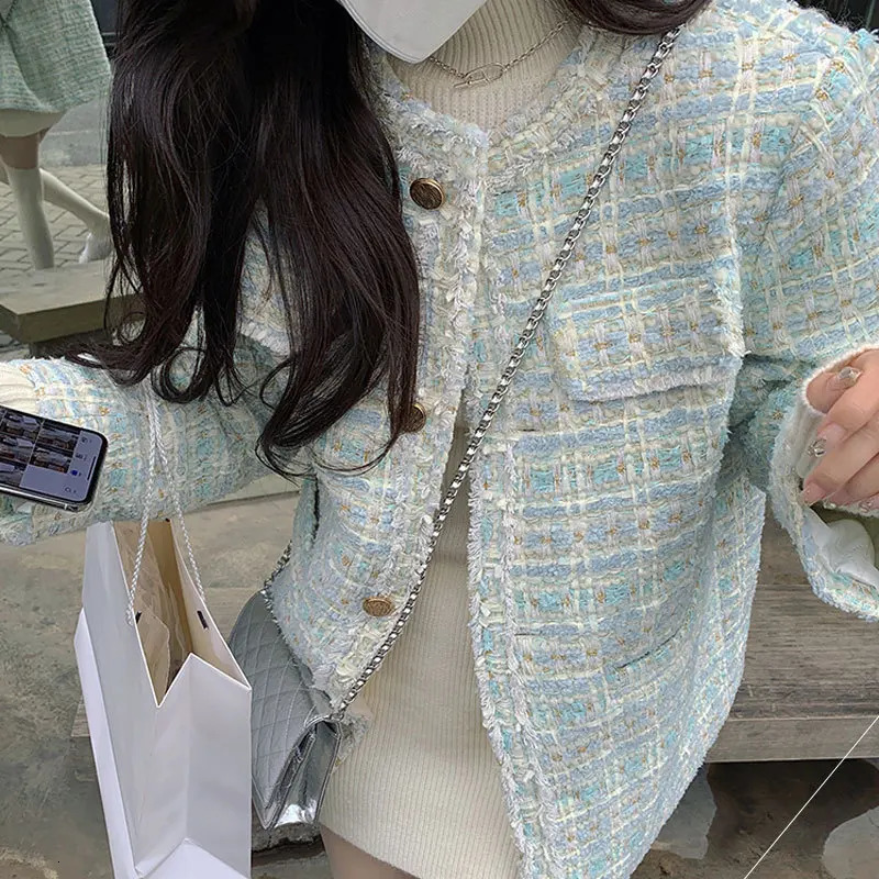 Women's Suits Blazers Spring Blue Woven Tweed Short Suit Coat Women's Loose Round Neck Heavy Industry Ladies 231025
