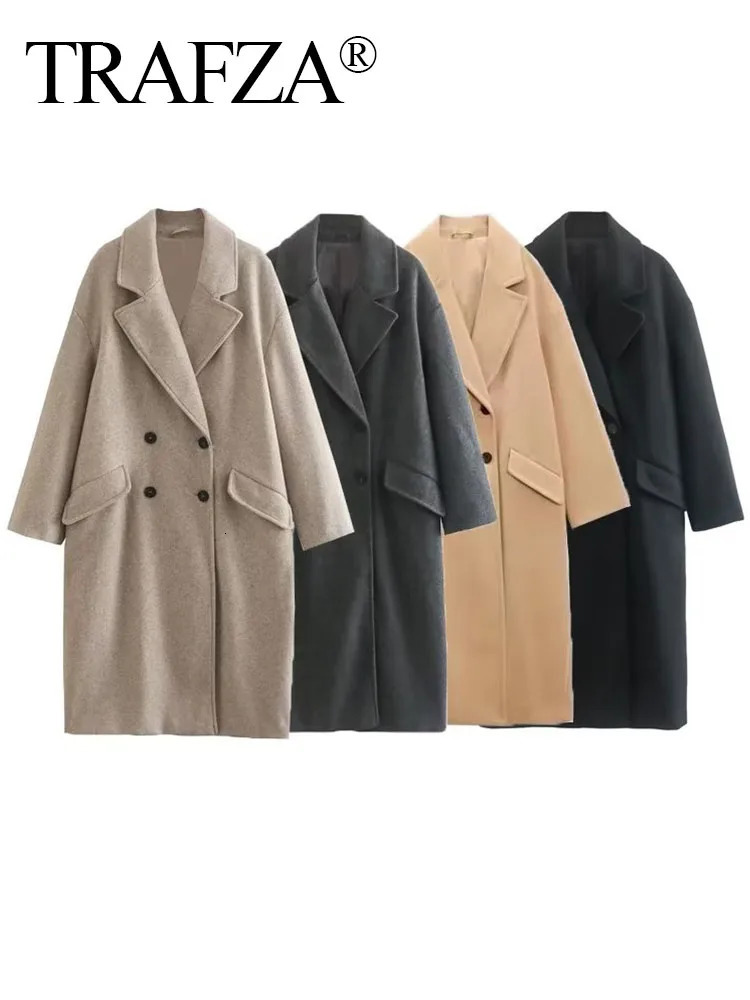 Women's Wool Blends TRAFZA Women Lapel Straight Overcoat Casual Double-Breasted Office Ladies Long Coat Autumn Winter Solid Streetwear Coats 2310
