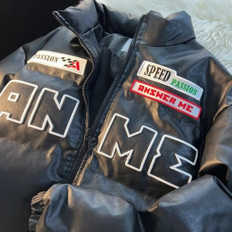 Men's Down Parkas American Letter Embroidered PU Leather Bread Jacket Y2K Fashion Casual Motorcycle Cotton-padded Clothes For Men And Women. 2310
