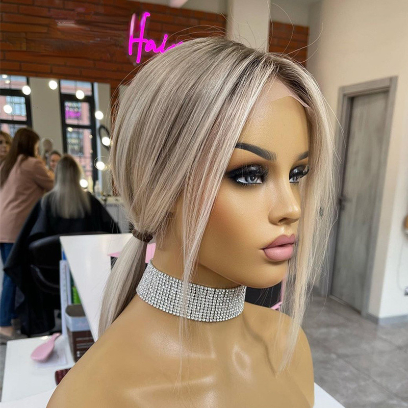 Peruvian Human Hair Ombre Ash Blonde Colored Short Bob 13X4 Lace Front Wig Gluelesspixie Cut Straight Synthetic Frontal Wigs For Women 250820