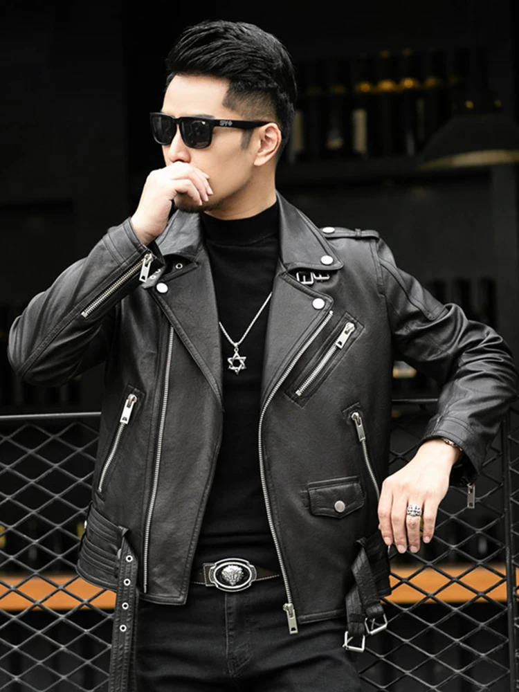 Men's Leather Faux Leather Mauroicardi Spring Autumn Short Cool Black Leather Biker Jacket Men Zipper Long Sleeve Belt Plus Size European Fashion