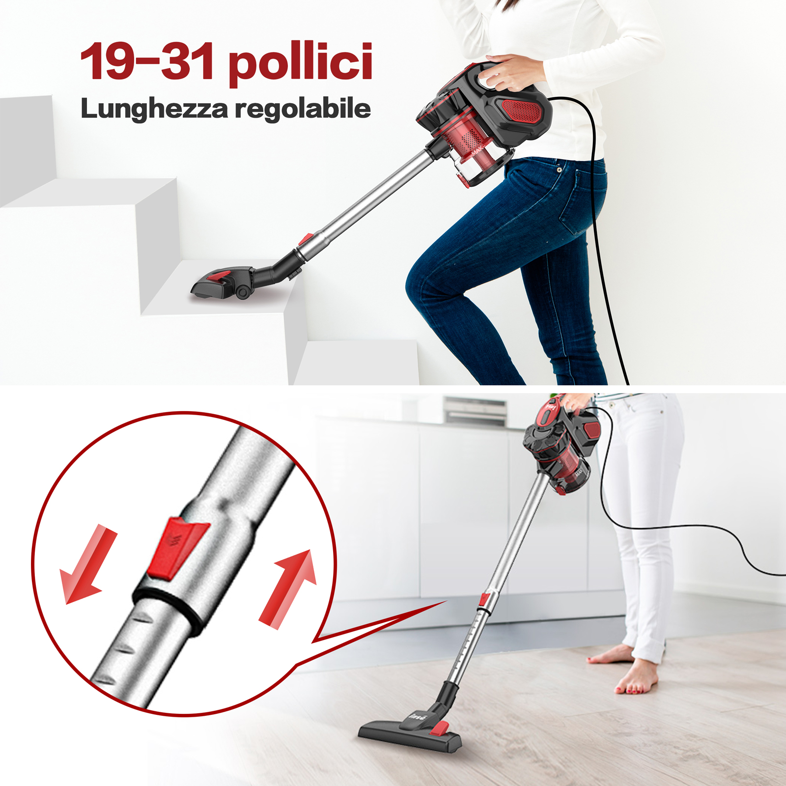INSE Corded Vacuum Cleaner, 600W Corded 18000Pa Powerful Corded Stick Vacuum, 6-in-1 Versatile Handheld Vacuum Cleaner for Home Pet Hair --- I5 Red