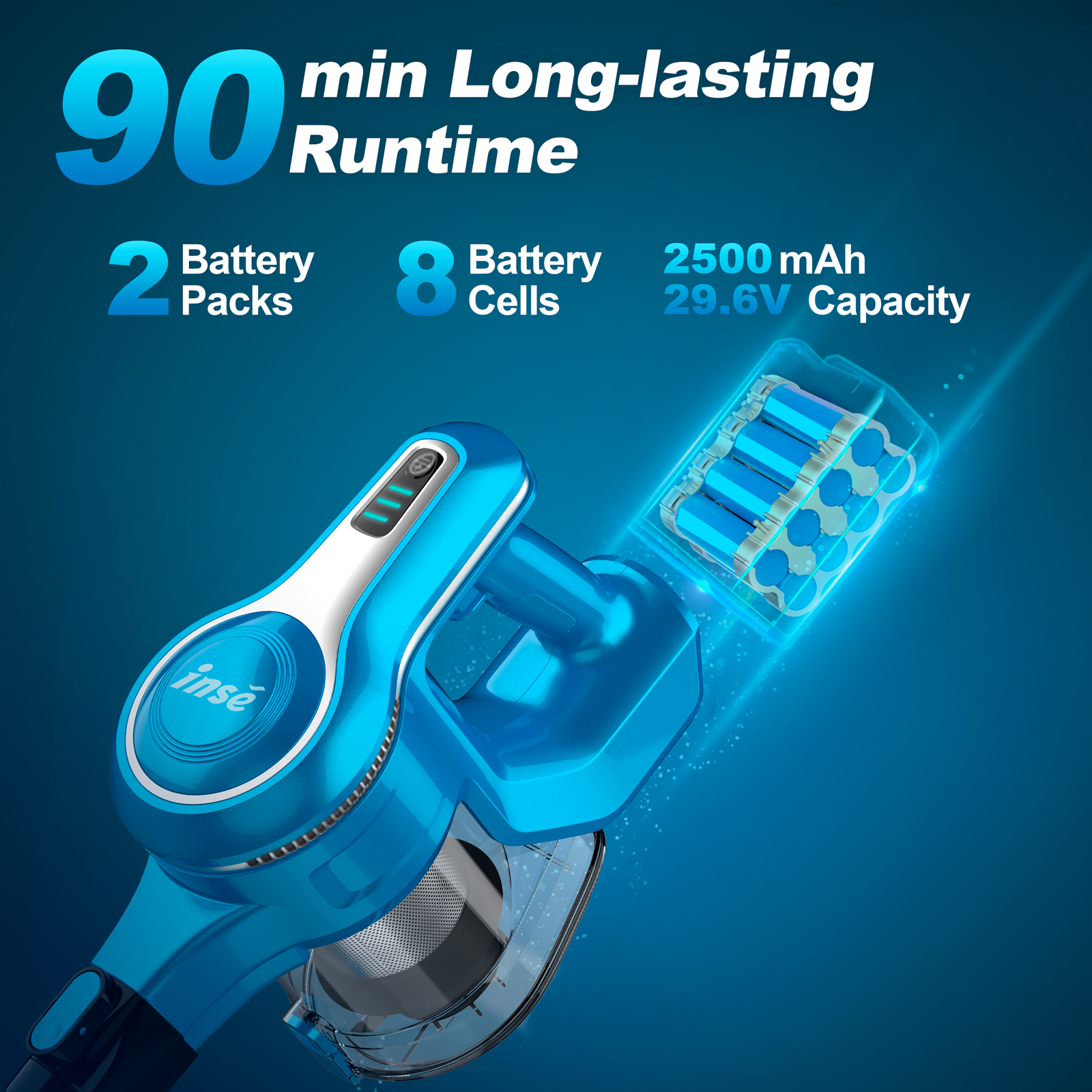 INSE Cordless Vacuum Cleaner with 2 Battery Up to 90Mins Runtime, 10-in-1 28KPa 300W Brushless Stick Vacuum, Lightweight Vacuum for Carpet Hard Floor 