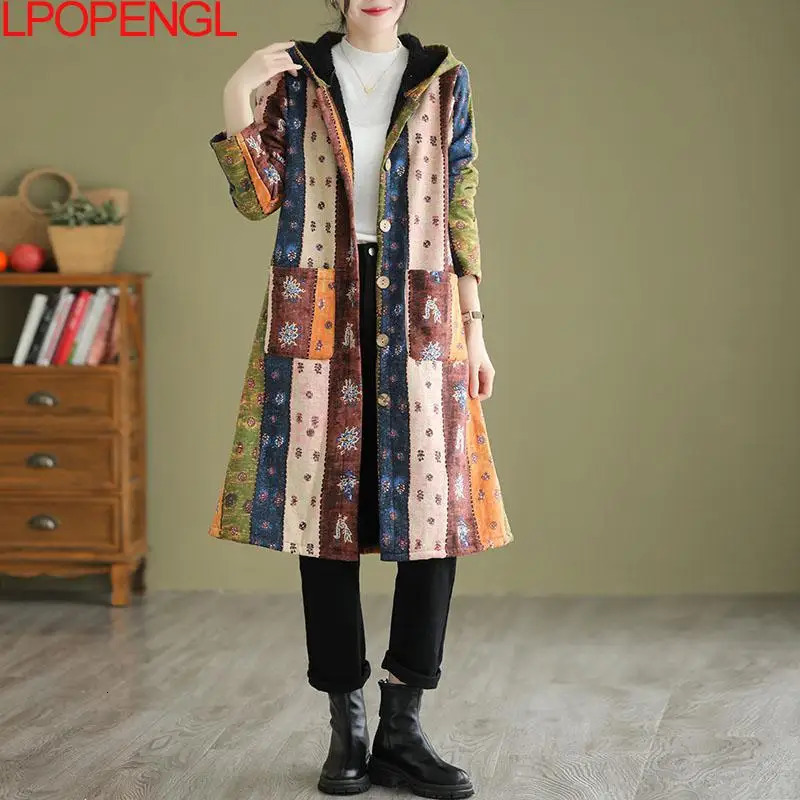 Women's Down Parkas Fashion Autumn And Winter Ethnic Style Thickened Mid-length Hooded Cotton Jacket Women Single Breasted Wide-waisted Coat 2310