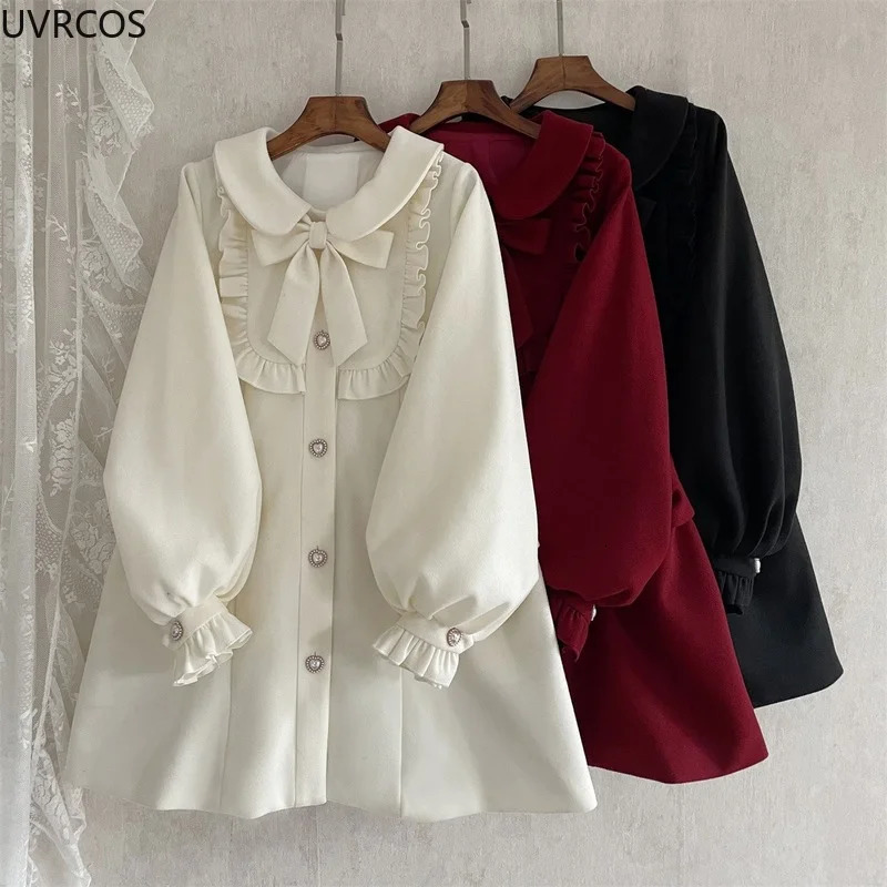 Women's Wool Blends Winter Women's Woolen Coat Japanese Lolita Style Sweet Kawai Bow A-Line Loose Jackets Female Elegant Fall Korean Fashion