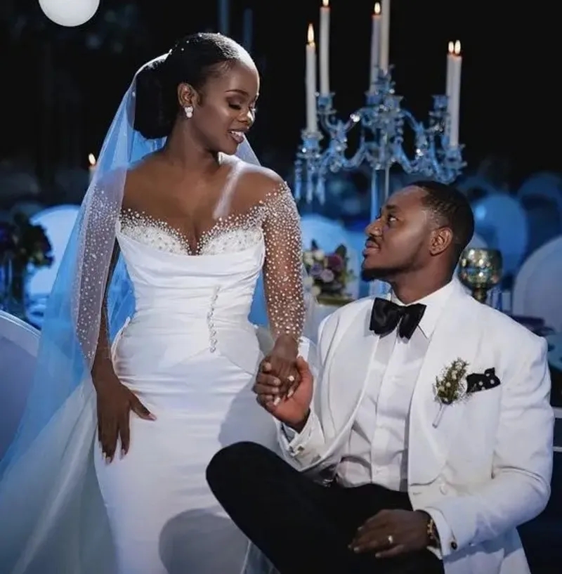 New Africa Mermaid Wedding Dresses with Detachable Train 2024 Sheer Neck Long Sleeve Satin Beading Crystal Bridal Gowns Vestidos De Novia