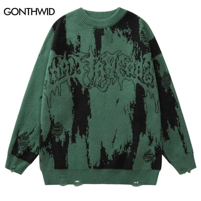 Men's Sweaters Hip Hop Ripped Sweaters Grunge Y2K Vintage Knitted Punk Gothic Streetwear Jumpers Men Women Harajuku Fashion Pullover 231026