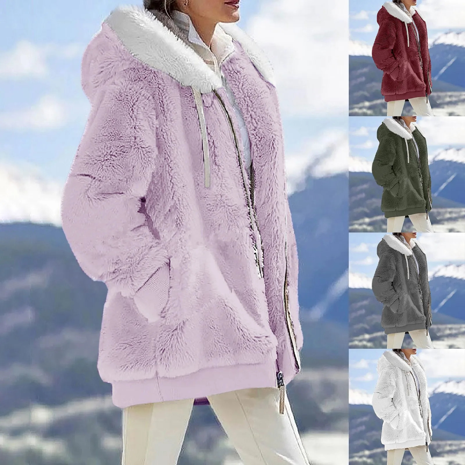 Women's Down Parkas Autumn Winter Plush Coat Women Fashion Soild Hooded Coat Loose Plush Long Sleeve Zipper Pocket Teddy Overcoat Female Hooded C