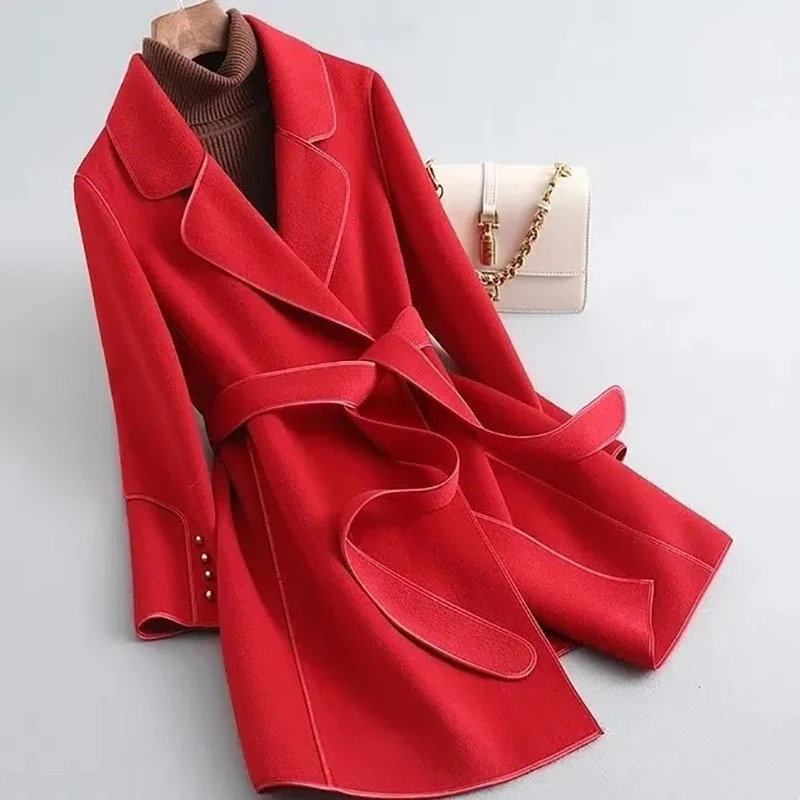 Women's Wool Blends 2023 Plus Size Khaki Black Green Red Handcrafted Elegance Fashionable and Warm Woolen Coat with Wide Silhouette 8XL 231026
