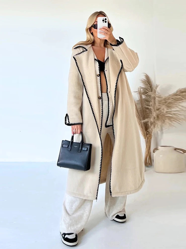 Women's Down Parkas Women Patchwork Splice Woolen Maxi Coat Long Coat Elegant Long Sleeve Solid Loose Jacket Autumn Winter Lady Outerwear 231025