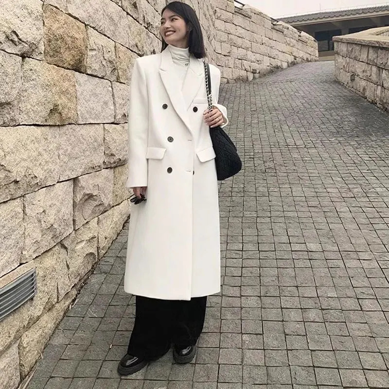 Women's Wool Blends Korea White Windbreaker Woolen Coat Woman Winter Autumn Turn Down Collar Double Breasted Thick Warm Long Ladies Coat Outwear 