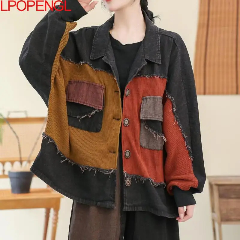 Women's Jackets Autumn Literary Vintage Loose Casual Distress Patch Raw Edge Denim Jacket Women Patchwork Long Sleeves Streetwear Coat 231025