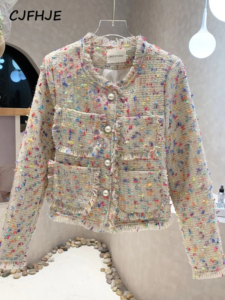 Women's Jackets CJFHJE Fragrant Coat Women's Autumn Winter French Fashion Rainbow Color Tweed Fringed Coat Ladies Sweet Short Wool Jacket 23