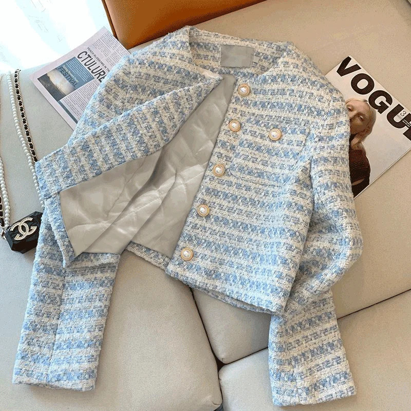 Women's Jackets Striped Tweed Striped Crop Jackets Tops Women Autumn Button Pockets Long Sleeve Korean Vintage Female Outerwear Tops Coat 231026