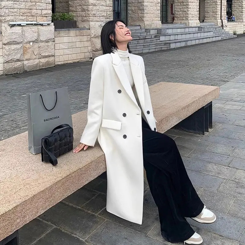 Women's Wool Blends Korea White Windbreaker Woolen Coat Woman Winter Autumn Turn Down Collar Double Breasted Thick Warm Long Ladies Coat Outwear 