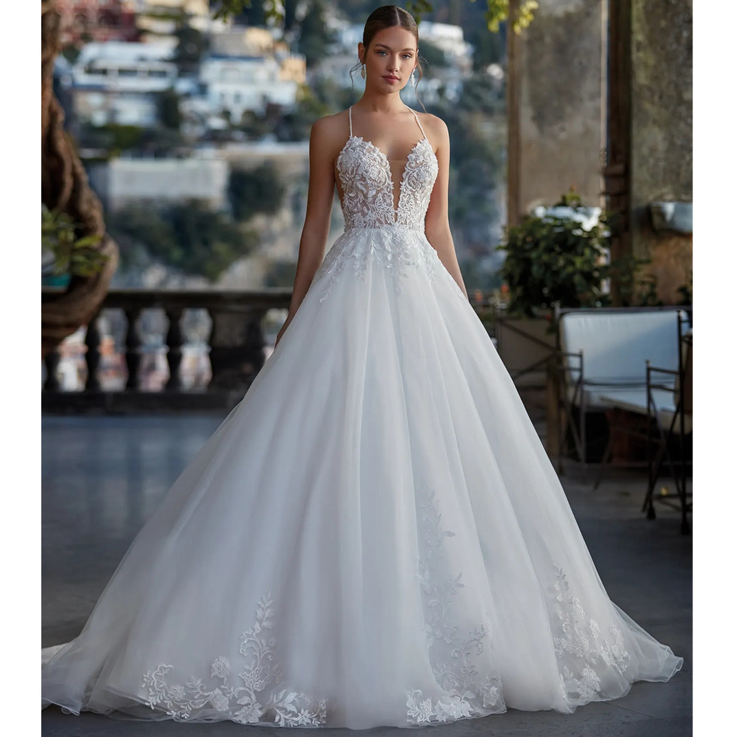 Sleeveless Lace Wedding Dress Women Illusion Back Appliques Sweetheart A-E Bridal Gowns Vestidos Plus Size 6660312