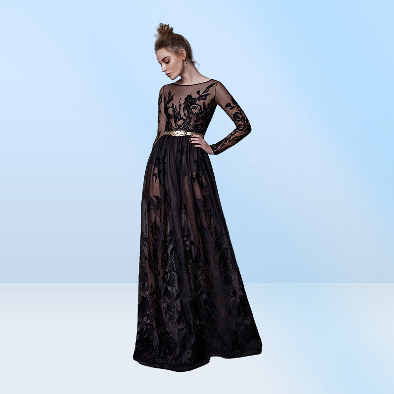 Berta Evening Dresses With Long Sleeve Backless Illusion Sexy Design Prom Dress Party Evening Wear Tulle Applique Womens Clot