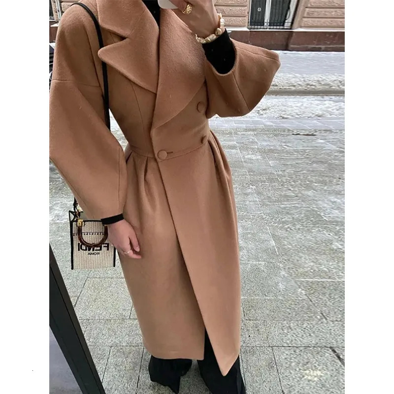 Women's Wool Blends Women Lapel Lantern Sleeve Long Jackets Solid Double Breasted Waist Fold Woolen Coat Winter Thick Warm Female Elegant Outwear