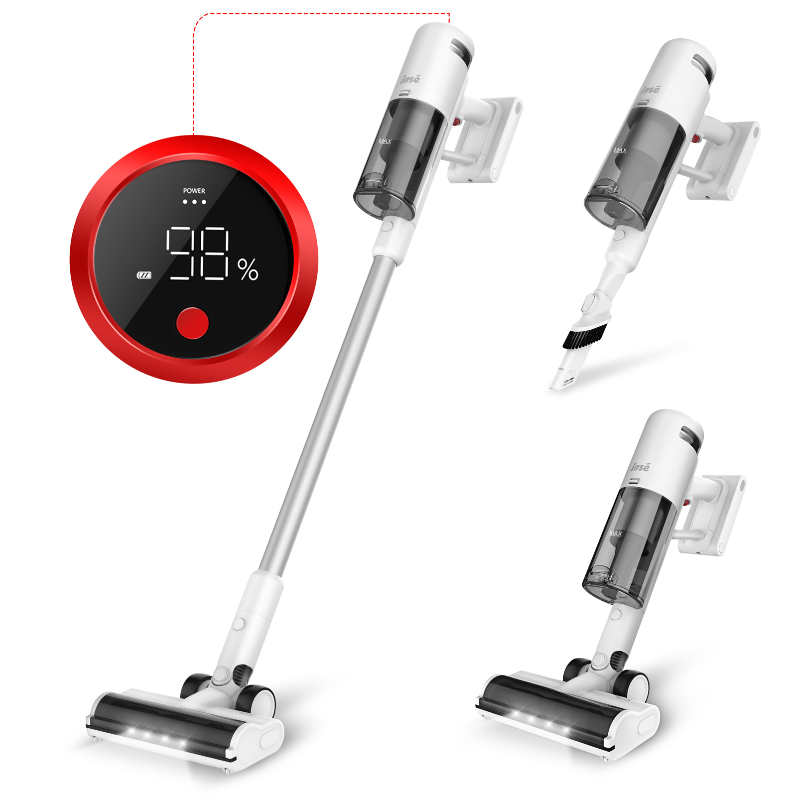 INSE Cordless Vacuum Cleaner 30kPa, 6-in-1 Powerful Stick Vacuum Cleaner with LED Display, Max 60 Min Runtime, 450W Brushless Motor Vacuum Cleaner--V1