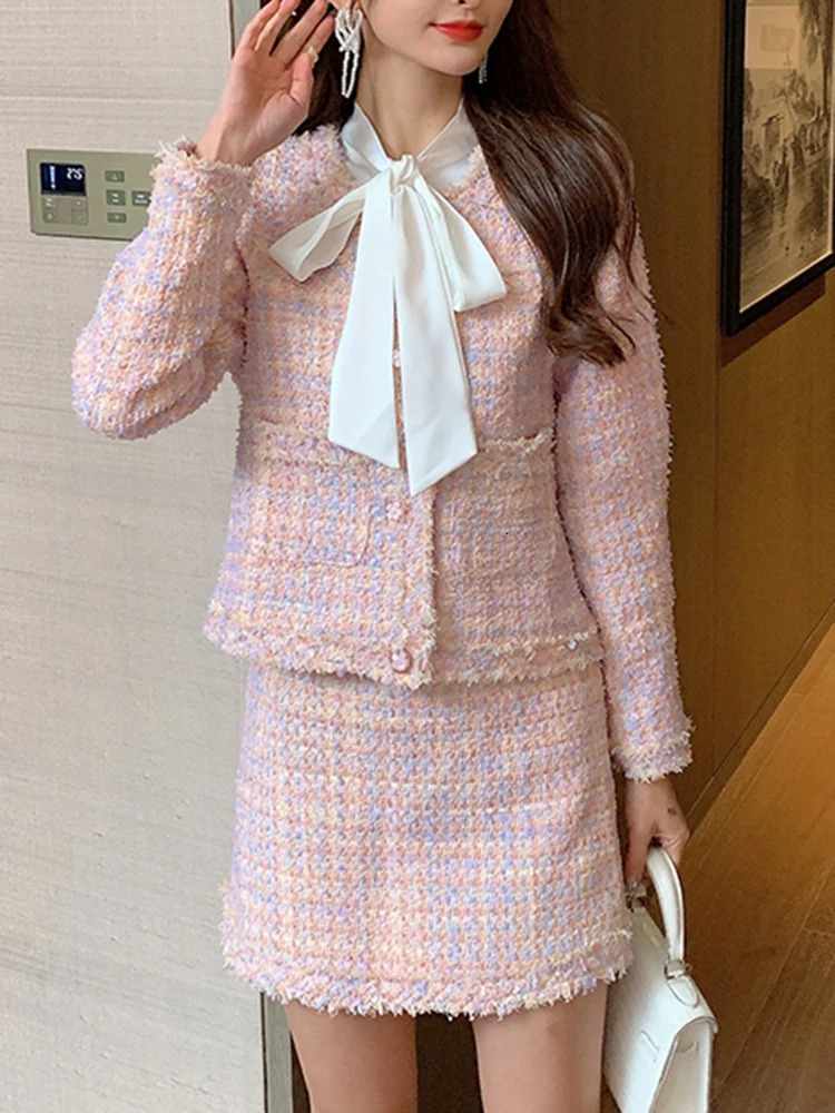 Two Piece Dress Pink Tweed Two Piece Sets Womens Outifits Elegant Sweet Long Sleeve O Neck Coats High Waist Mini Skirts Autumn Winter 231026