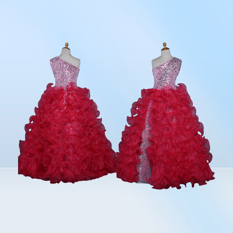 Fashion Sliver Sequined Girls Pageant Dresses Cheap One shoulder Organza Ruffle Crystal Long Prom Evening Dress For Kids